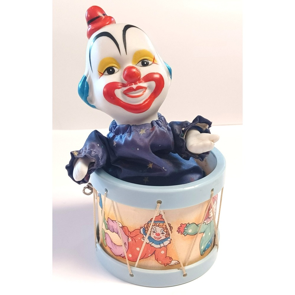 Vintage 1980s Blue Porcelain Circus Clown in Drum Wind Up Music Box - Working!